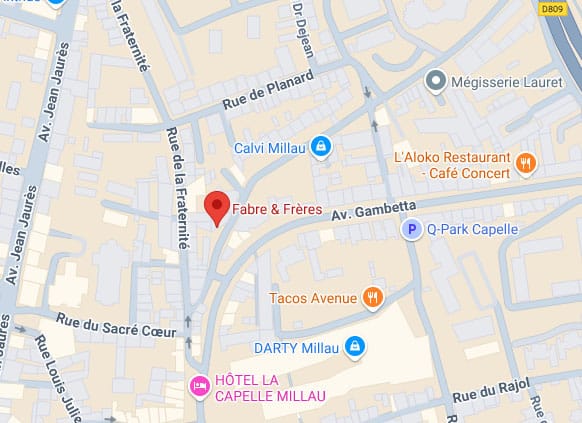 Carte Google Maps de Millau centrée sur Fabre & Frères, avec les rues Fraternité, Gambetta et commerces comme Darty, L'Aloko.