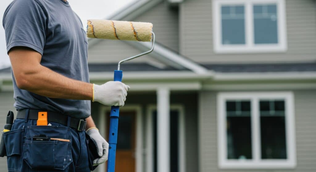 Man holds paint roller painting the exterior of a house gray.